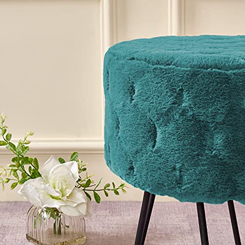 Home Soft Things Jacquard Solid Faux Fur Round Ottoman, 18" x 18" x 18", Dark Teal, Comfy Fuzzy Ottoman Makeup Stool for Bedroom Living Room Foot Rest Chair Home Decor