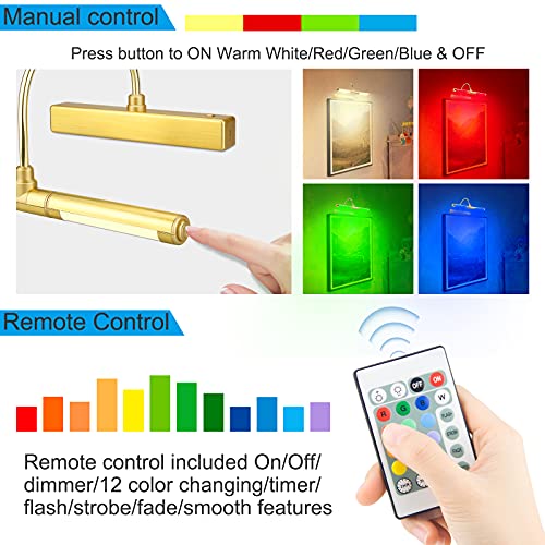 HONGUT Wireless Painting Lights with Remote, Rechargeable Picture Light，28 LEDs Rotatable Light Head with 12 Color Changing, Dimmable Display Light with Timer for Frame, Portrait, Art, Dartboard-Gold