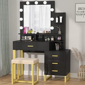 pakasept vanity set with lighted mirror, makeup vanity dressing table with led light, drawers, storage shelves and cushioned stool, small vanity desk for bedroom (black, 39.4″lx15.7″wx63″h)