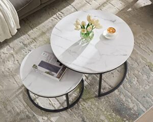 modern nesting coffee table set of 2 for living room, office, balcony, mid century round wood accent coffee mdf faux marble tabletop w/black color frame, gift for thanksgiving christmas -white