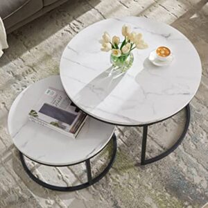 Modern Nesting Coffee Table Set of 2 for Living Room, Office, Balcony, Mid Century Round Wood Accent Coffee MDF Faux Marble Tabletop w/Black Color Frame, Gift for Thanksgiving Christmas -White