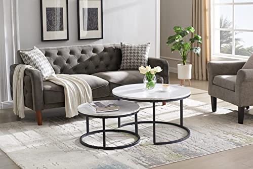 Modern Nesting Coffee Table Set of 2 for Living Room, Office, Balcony, Mid Century Round Wood Accent Coffee MDF Faux Marble Tabletop w/Black Color Frame, Gift for Thanksgiving Christmas -White