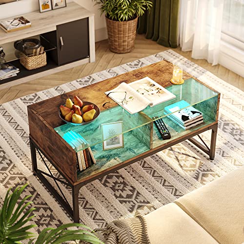 Bestier LED Coffee Tables for Living Room, 42 Inch Wood Center Table with Glass Top for Game Night. Living Room Tables Rustic Brown