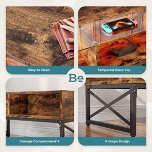 Bestier LED Coffee Tables for Living Room, 42 Inch Wood Center Table with Glass Top for Game Night. Living Room Tables Rustic Brown
