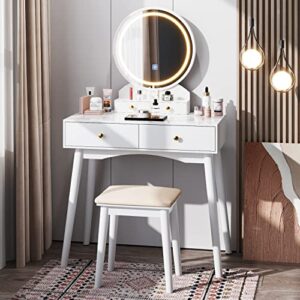 furmax vanity desk makeup vanity table with lighted mirror vanity set with modern desktop, soft cushioned stool, 4 storage drawers, 3 colors mirror brightness adjustable (white)