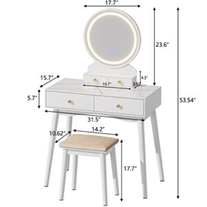 Furmax Vanity Desk Makeup Vanity Table with Lighted Mirror Vanity Set with Modern Desktop, Soft Cushioned Stool, 4 Storage Drawers, 3 Colors Mirror Brightness Adjustable (White)