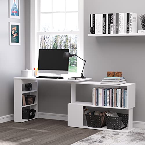 HOMCOM 360 Degree Rotating Home Office Desk L Shaped Corner Computer Desk with Storage Shelves, Writing Table Workstation, White