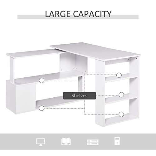 HOMCOM 360 Degree Rotating Home Office Desk L Shaped Corner Computer Desk with Storage Shelves, Writing Table Workstation, White