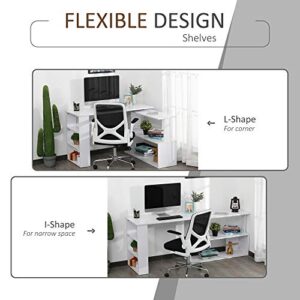 HOMCOM 360 Degree Rotating Home Office Desk L Shaped Corner Computer Desk with Storage Shelves, Writing Table Workstation, White