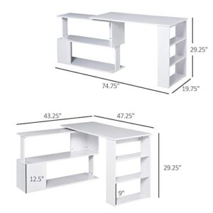 HOMCOM 360 Degree Rotating Home Office Desk L Shaped Corner Computer Desk with Storage Shelves, Writing Table Workstation, White