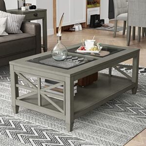 solid wood coffee table with tempered glass top, rectangular living room table with 2-tire storage shelf, industrial centre table, 45.5″ x 26″ tabletop, easy assembly antique grey kfz1318an