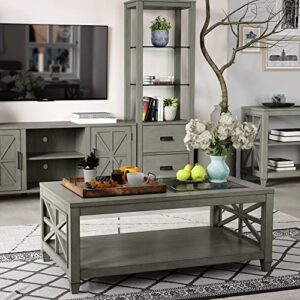 Solid Wood Coffee Table with Tempered Glass Top, Rectangular Living Room Table with 2-tire Storage Shelf, Industrial Centre Table, 45.5" X 26" Tabletop, Easy Assembly Antique Grey KFZ1318AN