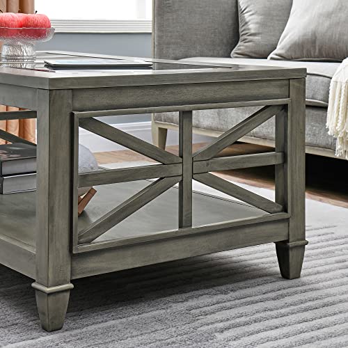 Solid Wood Coffee Table with Tempered Glass Top, Rectangular Living Room Table with 2-tire Storage Shelf, Industrial Centre Table, 45.5" X 26" Tabletop, Easy Assembly Antique Grey KFZ1318AN