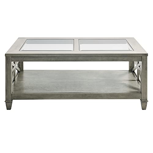 Solid Wood Coffee Table with Tempered Glass Top, Rectangular Living Room Table with 2-tire Storage Shelf, Industrial Centre Table, 45.5" X 26" Tabletop, Easy Assembly Antique Grey KFZ1318AN