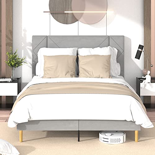 Flolinda Queen Size Bed Frame, Upholstered Queen Bed Frame with Tufted Velvet Headboard, Mattress Foundation, Strong Wood Slat Support Double Bed Frame, No Box Spring Needed, Easy Assembly, Grey