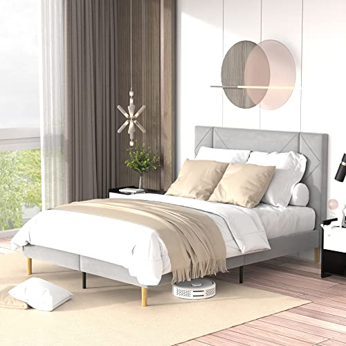 Flolinda Queen Size Bed Frame, Upholstered Queen Bed Frame with Tufted Velvet Headboard, Mattress Foundation, Strong Wood Slat Support Double Bed Frame, No Box Spring Needed, Easy Assembly, Grey