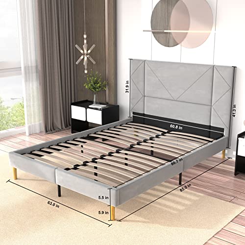 Flolinda Queen Size Bed Frame, Upholstered Queen Bed Frame with Tufted Velvet Headboard, Mattress Foundation, Strong Wood Slat Support Double Bed Frame, No Box Spring Needed, Easy Assembly, Grey