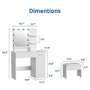Cozy Castle White Vanity Table with DIY Lighted Mirror, Makeup Vanity Table Set with Drawer and Storage Cabinet, Dressing Table with Vanity Cushioned Stool for Bedroom, Makeup Room