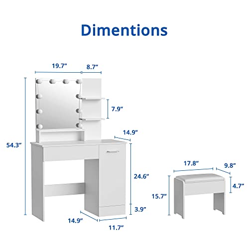 Cozy Castle White Vanity Table with DIY Lighted Mirror, Makeup Vanity Table Set with Drawer and Storage Cabinet, Dressing Table with Vanity Cushioned Stool for Bedroom, Makeup Room