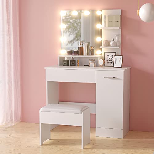 Cozy Castle White Vanity Table with DIY Lighted Mirror, Makeup Vanity Table Set with Drawer and Storage Cabinet, Dressing Table with Vanity Cushioned Stool for Bedroom, Makeup Room