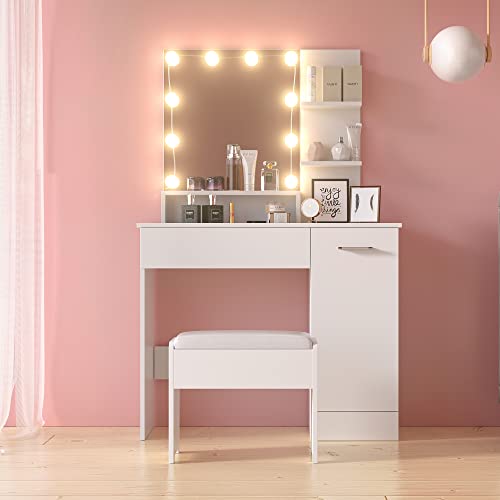 Cozy Castle White Vanity Table with DIY Lighted Mirror, Makeup Vanity Table Set with Drawer and Storage Cabinet, Dressing Table with Vanity Cushioned Stool for Bedroom, Makeup Room