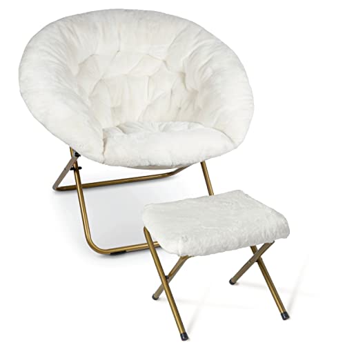 Milliard Cozy Chair with Footrest Ottoman/Faux Fur Saucer Chair for Bedroom/X-Large (White)