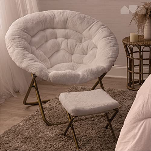 Milliard Cozy Chair with Footrest Ottoman/Faux Fur Saucer Chair for Bedroom/X-Large (White)