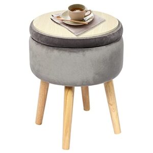 b fsobeiialeo round storage ottoman, soft padded velvet footrest stool, with wooden legs & tray top 14.17″ (grey)