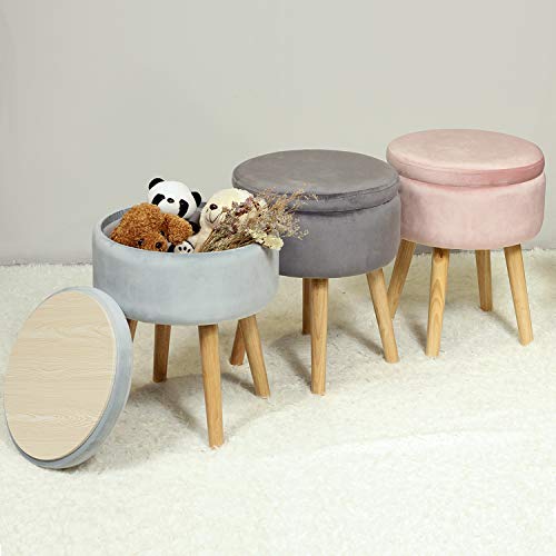 B FSOBEIIALEO Round Storage Ottoman, Soft Padded Velvet Footrest Stool, with Wooden Legs & Tray Top 14.17" (Grey)