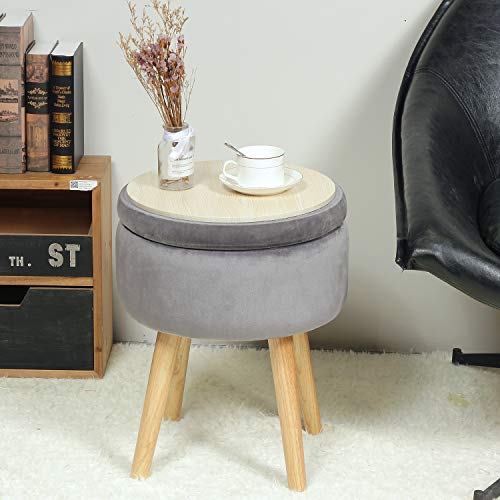 B FSOBEIIALEO Round Storage Ottoman, Soft Padded Velvet Footrest Stool, with Wooden Legs & Tray Top 14.17" (Grey)