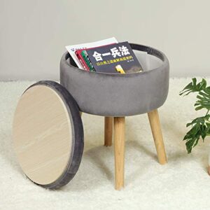 B FSOBEIIALEO Round Storage Ottoman, Soft Padded Velvet Footrest Stool, with Wooden Legs & Tray Top 14.17" (Grey)