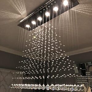 7PM Rectangle Chandeliers for Dining Room, 6-Light Modern K9 Crystal Chandeliers, Raindrop Chandeliers, Dimmable, Adjustable Color Temperature, Pendant Lights for Kitchen Island, L40 x W10 x H40