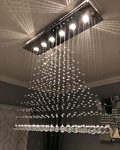 7PM Rectangle Chandeliers for Dining Room, 6-Light Modern K9 Crystal Chandeliers, Raindrop Chandeliers, Dimmable, Adjustable Color Temperature, Pendant Lights for Kitchen Island, L40 x W10 x H40