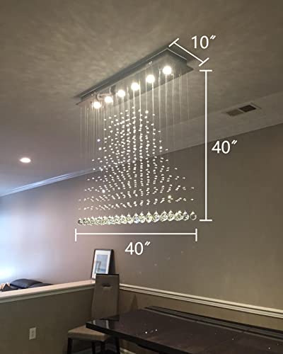 7PM Rectangle Chandeliers for Dining Room, 6-Light Modern K9 Crystal Chandeliers, Raindrop Chandeliers, Dimmable, Adjustable Color Temperature, Pendant Lights for Kitchen Island, L40 x W10 x H40