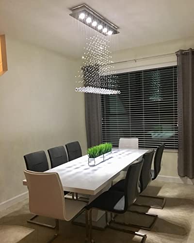 7PM Rectangle Chandeliers for Dining Room, 6-Light Modern K9 Crystal Chandeliers, Raindrop Chandeliers, Dimmable, Adjustable Color Temperature, Pendant Lights for Kitchen Island, L40 x W10 x H40