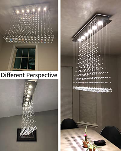 7PM Rectangle Chandeliers for Dining Room, 6-Light Modern K9 Crystal Chandeliers, Raindrop Chandeliers, Dimmable, Adjustable Color Temperature, Pendant Lights for Kitchen Island, L40 x W10 x H40