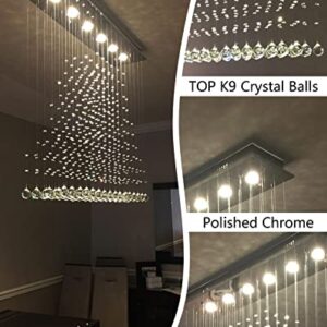 7PM Rectangle Chandeliers for Dining Room, 6-Light Modern K9 Crystal Chandeliers, Raindrop Chandeliers, Dimmable, Adjustable Color Temperature, Pendant Lights for Kitchen Island, L40 x W10 x H40