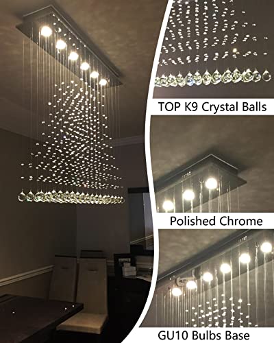 7PM Rectangle Chandeliers for Dining Room, 6-Light Modern K9 Crystal Chandeliers, Raindrop Chandeliers, Dimmable, Adjustable Color Temperature, Pendant Lights for Kitchen Island, L40 x W10 x H40