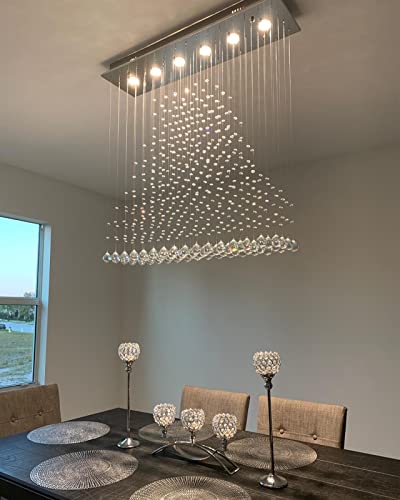 7PM Rectangle Chandeliers for Dining Room, 6-Light Modern K9 Crystal Chandeliers, Raindrop Chandeliers, Dimmable, Adjustable Color Temperature, Pendant Lights for Kitchen Island, L40 x W10 x H40