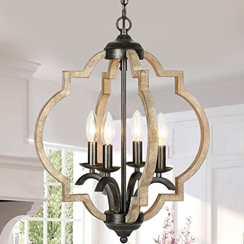 Lampundit Farmhouse Geometric Chandelier Light Fixture, 4 Light Wood Chandelier for Dining Room Kitchen Foyer Hallway Entrywa, Wood & Black Finish