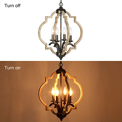 Lampundit Farmhouse Geometric Chandelier Light Fixture, 4 Light Wood Chandelier for Dining Room Kitchen Foyer Hallway Entrywa, Wood & Black Finish