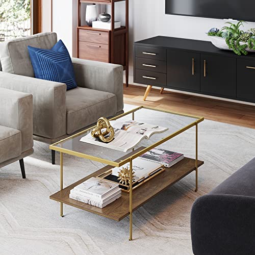 Nathan James Asher Mid-Century Rectangle Coffee Table Glass Top and Rustic Oak Storage Shelf with Sleek Brass Metal Legs, Gold