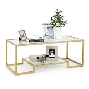 tangkula rectangular glass coffee table, 45in wide modern tempered glass center table with golden steel frame, 2 tier accent table home furniture décor for tea living room office (gold, 45” wide)