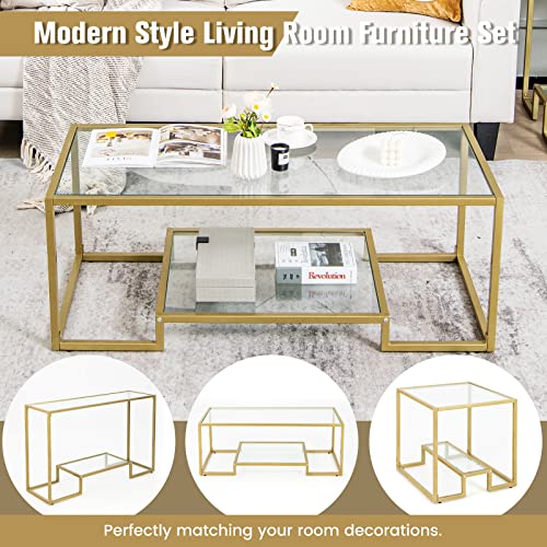 Tangkula Rectangular Glass Coffee Table, 45in Wide Modern Tempered Glass Center Table with Golden Steel Frame, 2 Tier Accent Table Home Furniture Décor for Tea Living Room Office (Gold, 45'' Wide)