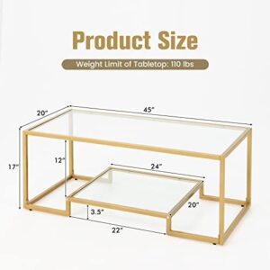 Tangkula Rectangular Glass Coffee Table, 45in Wide Modern Tempered Glass Center Table with Golden Steel Frame, 2 Tier Accent Table Home Furniture Décor for Tea Living Room Office (Gold, 45'' Wide)