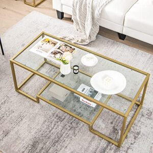 Tangkula Rectangular Glass Coffee Table, 45in Wide Modern Tempered Glass Center Table with Golden Steel Frame, 2 Tier Accent Table Home Furniture Décor for Tea Living Room Office (Gold, 45'' Wide)