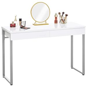 greenforest vanity desk with 2 drawers glossy white 47 inch modern home office computer writing desk makeup dressing table with metal silver legs for bedroom,without mirror