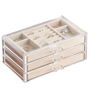herfav acrylic jewelry organizer box with 3 drawers, clear jewelry boxes for women earring rings bangle bracelet and necklace holder storage velvet jewelry display case