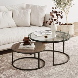 nathan james stella round modern nesting coffee set of 2, stacking living room accent tables, rustic oak/gunmetal/clear glass
