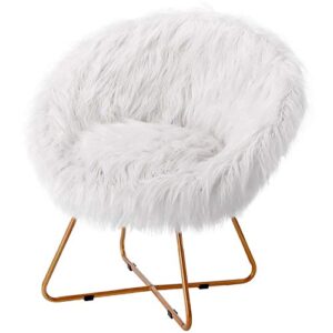 BIRDROCK HOME White Faux Fur Papasan Chair with Pale Gold Legs - Kids Bedroom Moon Chair - Comfy Wide Cushion Seat - Living Room Saucer - Metal - Fluffy Round Seat - Circle